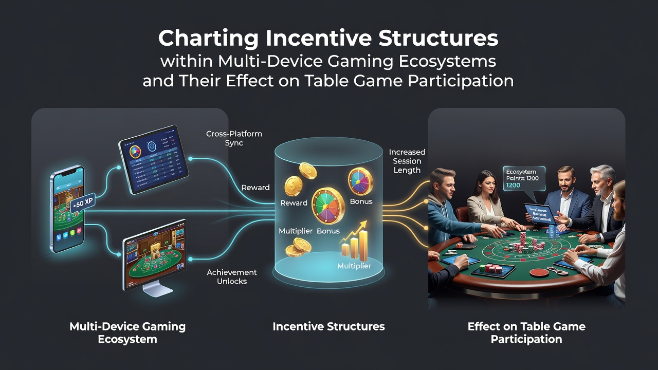 Multi-device gaming setup showing synchronized play across smartphone, tablet, and desktop interfaces with loyalty reward overlays