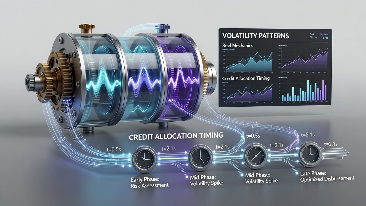 Diagram showing data flows between reel volatility metrics and credit timing modules in wagering applications