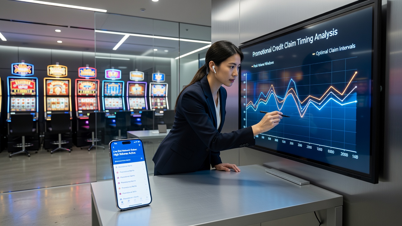 Mobile slot interface showing promotional credit claim timing during peak network hours