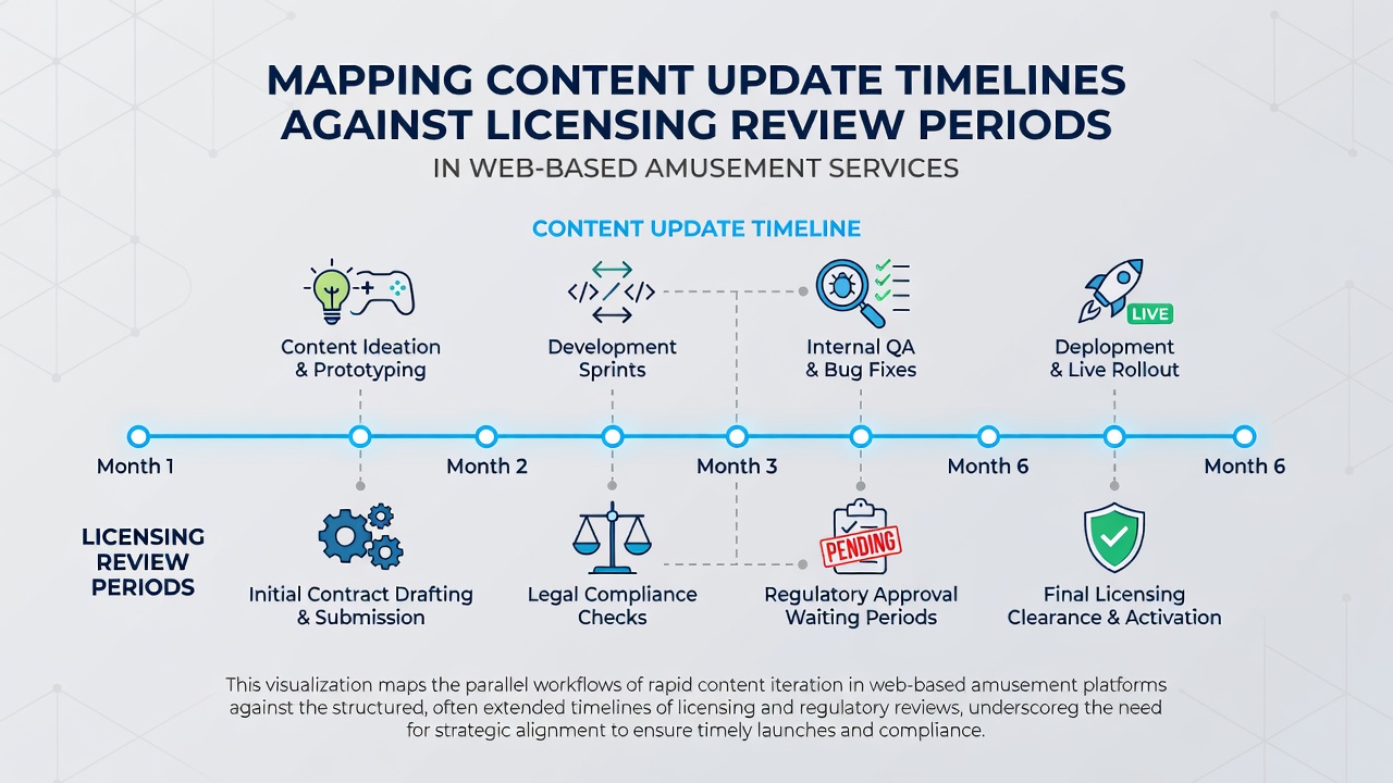 Flow diagram illustrating how development sprints intersect with licensing approval stages across multiple jurisdictions