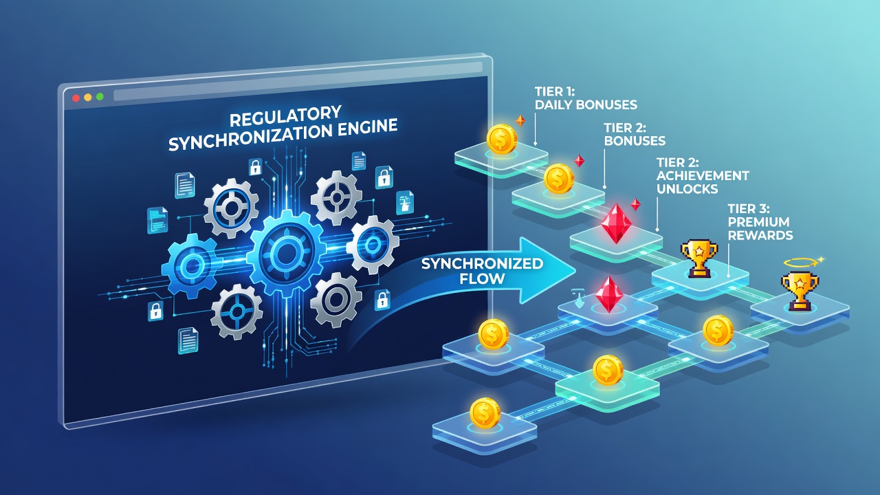 Browser-based gaming platform interface showing layered reward structures and compliance indicators