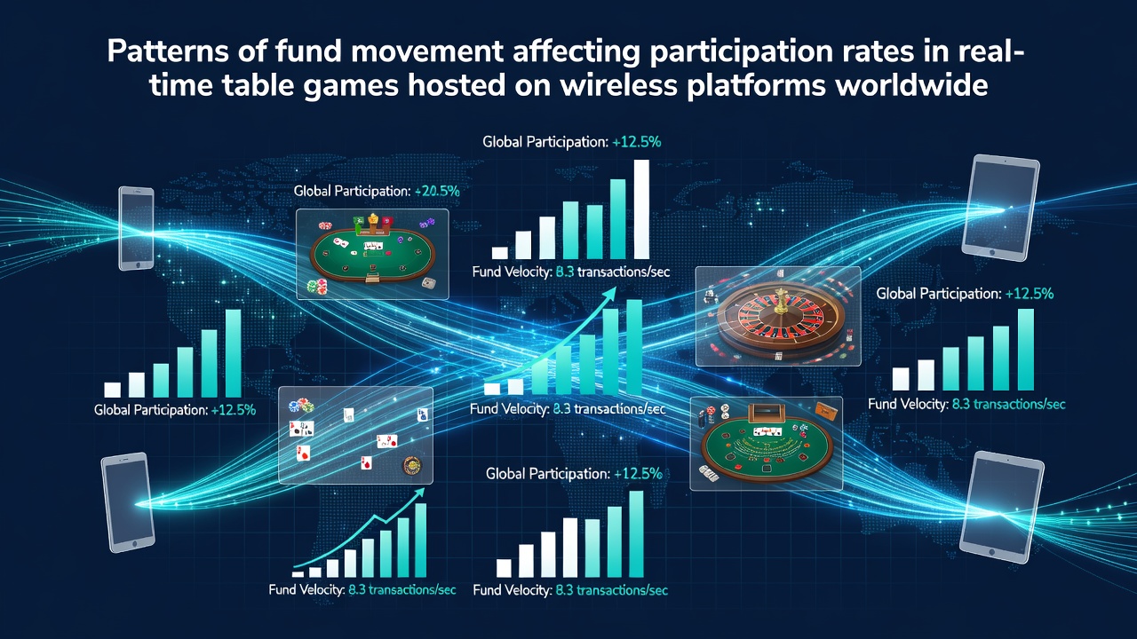 Global map overlay showing fund flow arrows across wireless gaming platforms with real-time table game interfaces