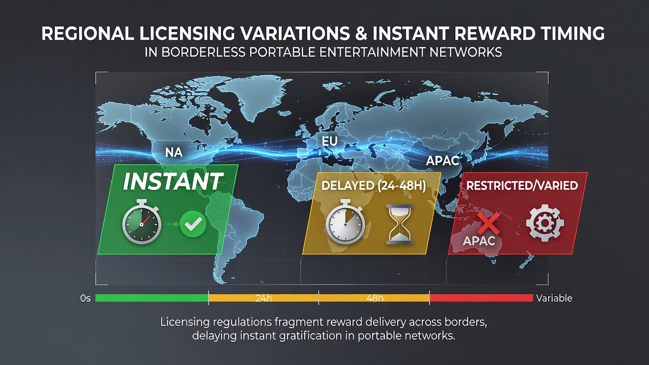 Diagram showing regional licensing frameworks influencing reward processing timelines across mobile gaming networks