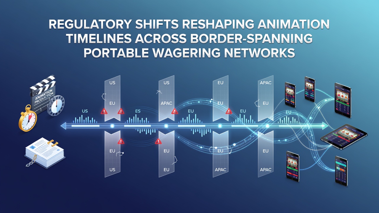 Illustration of regulatory documents and mobile device interfaces showing animation timelines in international wagering networks